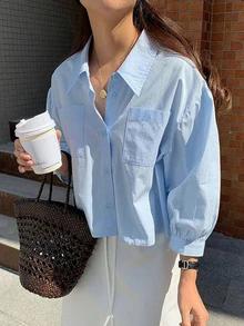 Jouncy Women's Solid Color Front Button Pocket Loose Short Long Sleeve Shirt - Blue - View 4