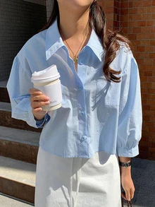 Jouncy Women's Solid Color Front Button Pocket Loose Short Long Sleeve Shirt - Blue - View 3