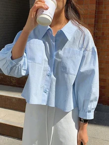 Jouncy Women's Solid Color Front Button Pocket Loose Short Long Sleeve Shirt - Blue - View 5