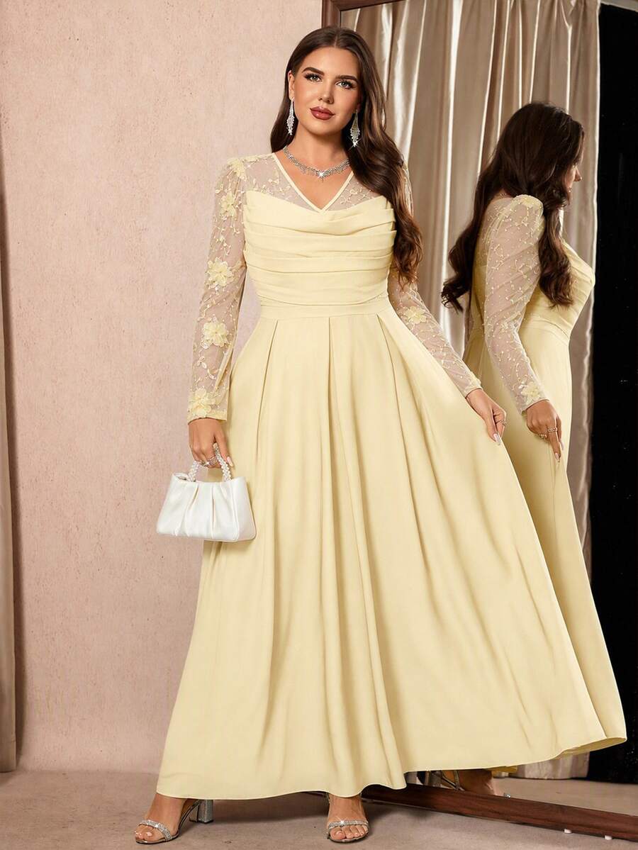 Reflora Plus Size Luxury Elegant 3D Floral Decor Embroidered Pleated Dress Wedding Dinner Evening Butter Yellow Autumn Fall - Pale Yellow - View 1