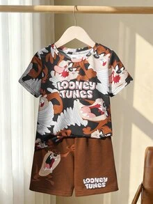 LOONEY TUNES X SHEIN 男童卡通印花短袖T恤和短裤套装 - 棕色 - 查看 2