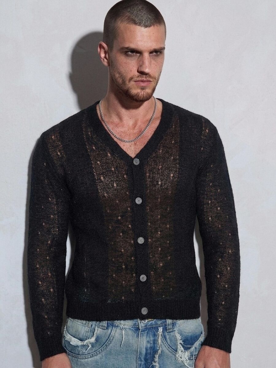 DSELFIQUE Men's Solid Color Casual Versatile Daily Wear Cardigan , For Husband, Boyfriend Gifts , Fall Winter, Long Sleeve Top - Black - View 1