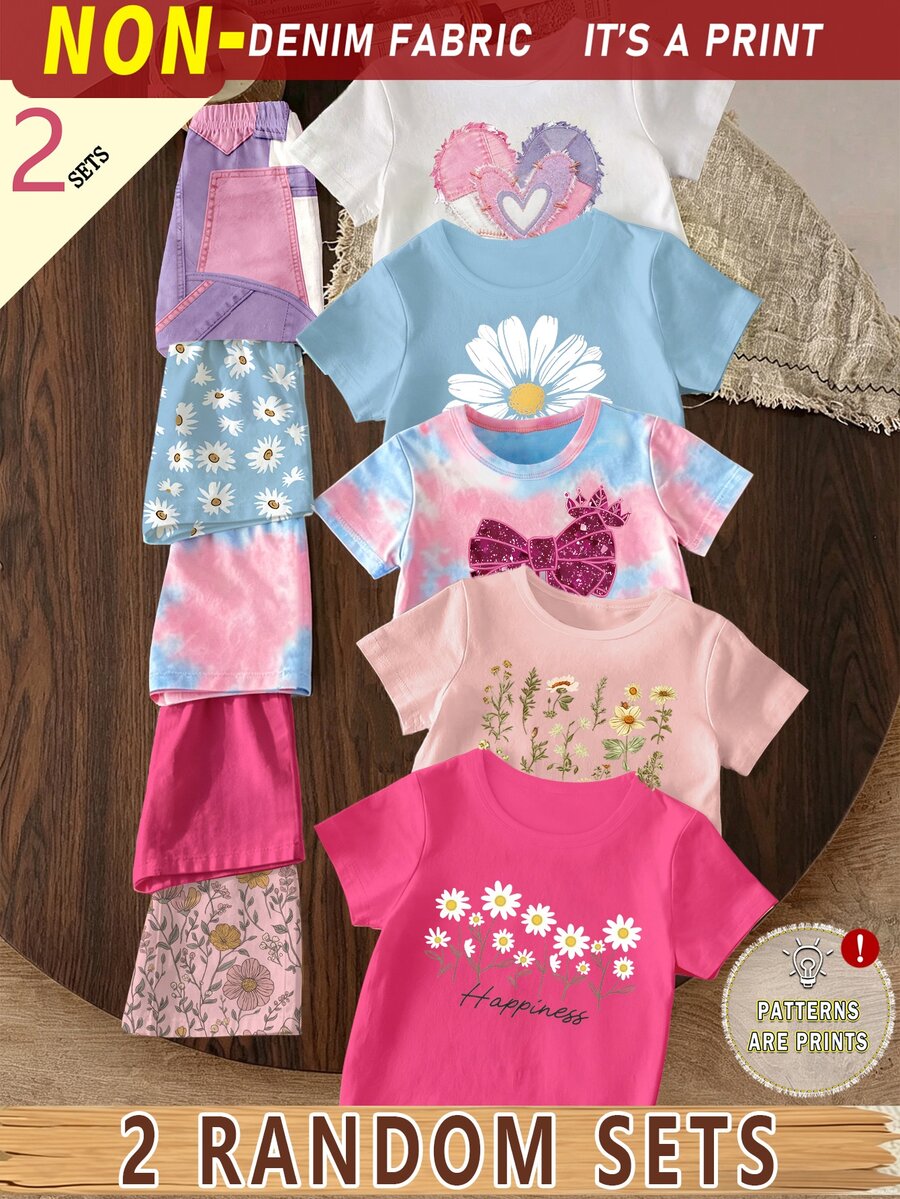 (2 Random Item From 5) Girls' Fashionable Fresh Colorful Tie-Dye Floral Glitter Bow Patchwork Heart Pattern Print Basic Short T-Shirt And Shorts Set - Multicolor - View 1