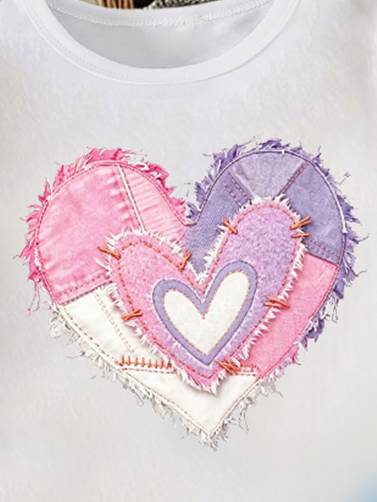 (2 Random Item From 5) Girls' Fashionable Fresh Colorful Tie-Dye Floral Glitter Bow Patchwork Heart Pattern Print Basic Short T-Shirt And Shorts Set - Multicolor - View 5