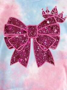(2 Random Item From 5) Girls' Fashionable Fresh Colorful Tie-Dye Floral Glitter Bow Patchwork Heart Pattern Print Basic Short T-Shirt And Shorts Set - Multicolor - View 3