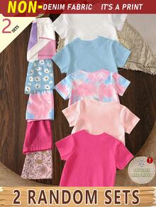 (2 Random Item From 5) Girls' Fashionable Fresh Colorful Tie-Dye Floral Glitter Bow Patchwork Heart Pattern Print Basic Short T-Shirt And Shorts Set - Multicolor - View 2