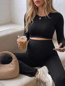SHEIN 孕婦長袖上衣與長褲運動套裝 秋季 - 黑色 - 查看 2