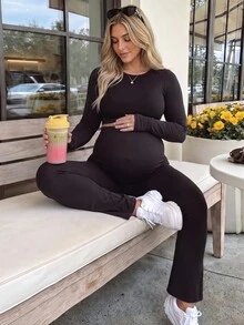 SHEIN 孕婦長袖上衣與長褲運動套裝 秋季 - 黑色 - 查看 4