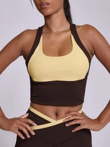 Musera Sport Contrast Colour Blocked Scoop Front Keyhole Back Longline Active Coord Top Butter Yellow Fall Winter Autumn Gym Pilates Fitness Daily Casual - Coffee Brown - View 2