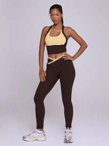 Musera Sport Contrast Colour Blocked Scoop Front Keyhole Back Longline Active Coord Top Butter Yellow Fall Winter Autumn Gym Pilates Fitness Daily Casual - Coffee Brown - View 5
