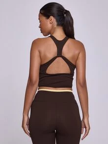Musera Sport Contrast Colour Blocked Scoop Front Keyhole Back Longline Active Coord Top Butter Yellow Fall Winter Autumn Gym Pilates Fitness Daily Casual - Coffee Brown - View 4