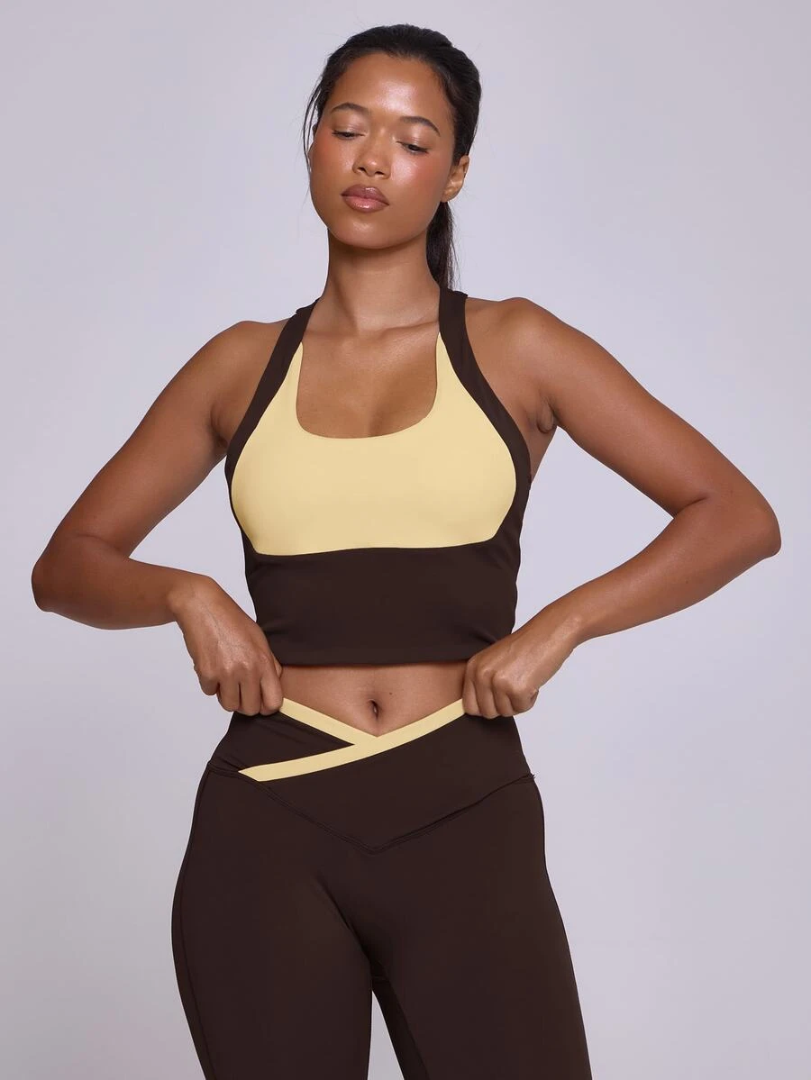 Musera Sport Contrast Colour Blocked Scoop Front Keyhole Back Longline Active Coord Top Butter Yellow Fall Winter Autumn Gym Pilates Fitness Daily Casual - Coffee Brown - View 1