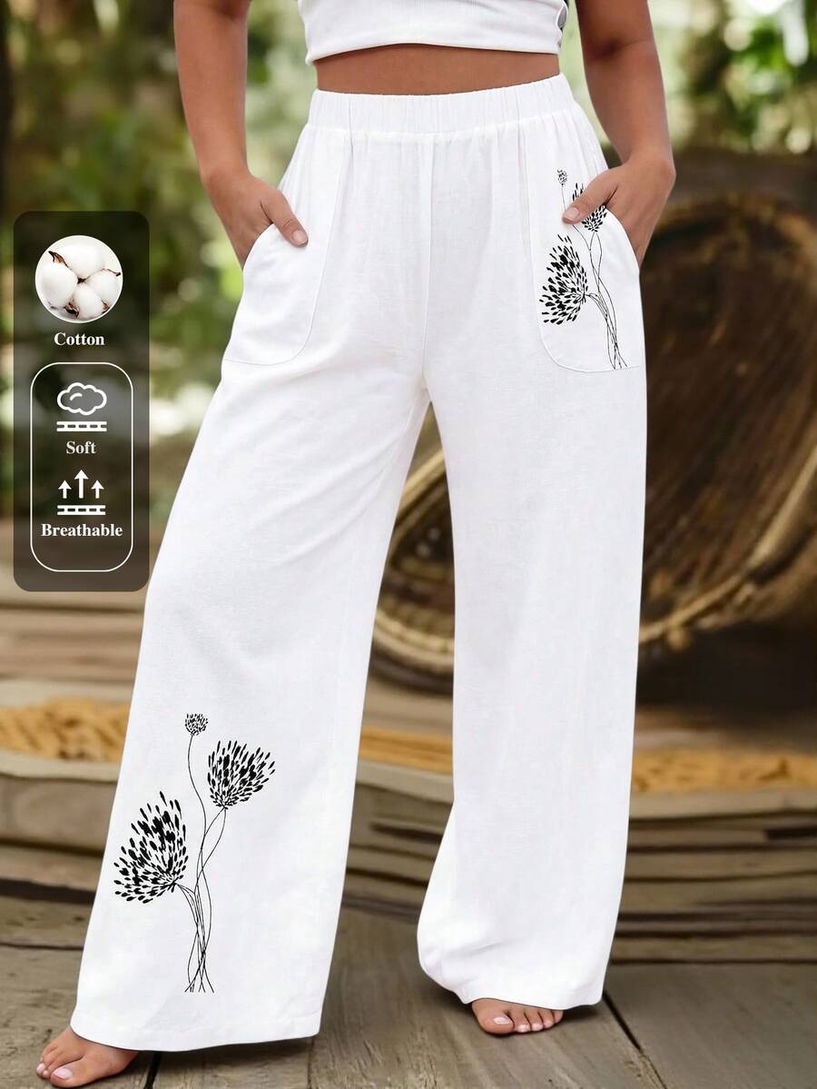 EMERY ROSE Plus Size Printed Comfortable Linen Straight Leg Pants, Slimming With Pockets - White - View 1