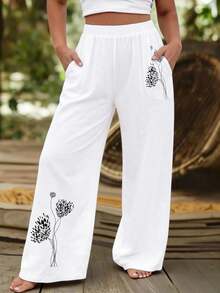 EMERY ROSE Plus Size Printed Comfortable Linen Straight Leg Pants, Slimming With Pockets - White - View 5