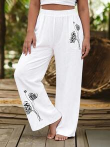 EMERY ROSE Plus Size Printed Comfortable Linen Straight Leg Pants, Slimming With Pockets - White - View 3