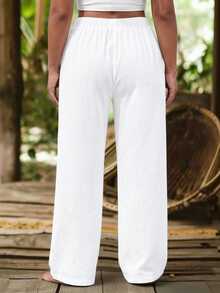 EMERY ROSE Plus Size Printed Comfortable Linen Straight Leg Pants, Slimming With Pockets - White - View 2