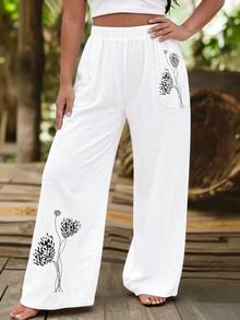 EMERY ROSE Plus Size Printed Comfortable Linen Straight Leg Pants, Slimming With Pockets - White - View 4