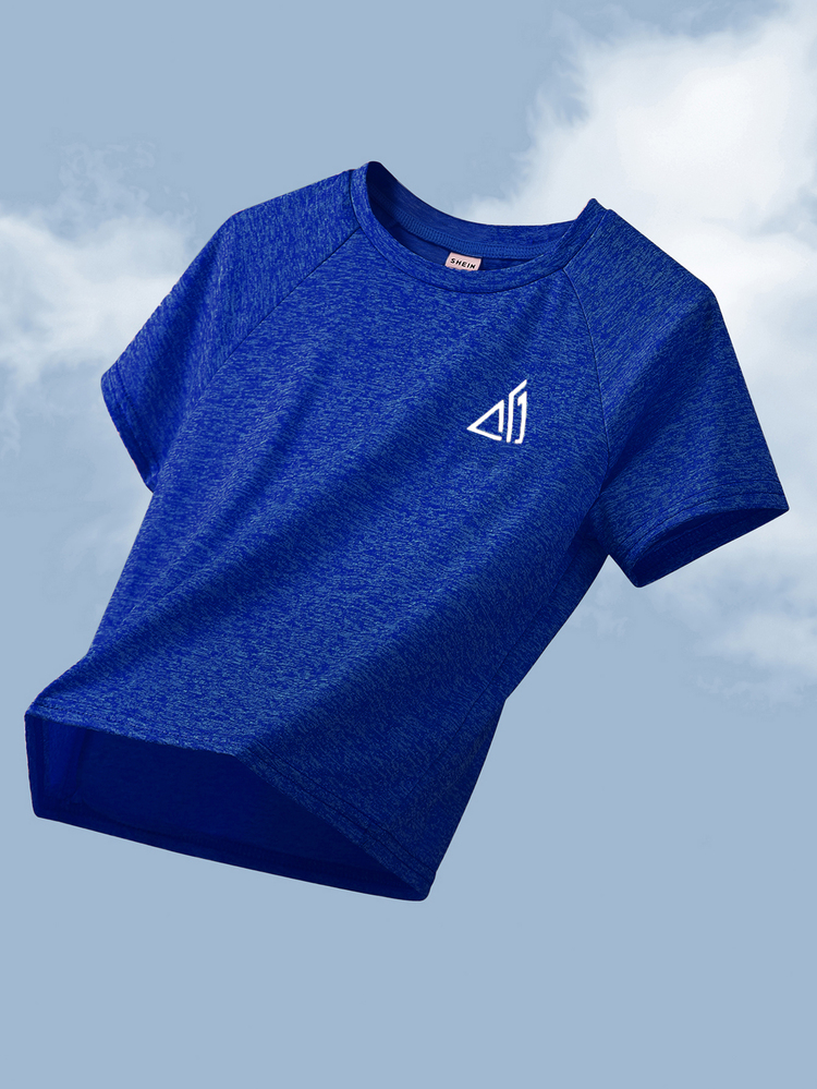 SHEIN 2pcs/Set Teenager Sportswear: Contrast Color Print T-Shirt & Shorts Set; Suitable For Spring Wear; Teenager Clothing; Children's Jacket, Spring Back To School Outfit - Blue - View 3