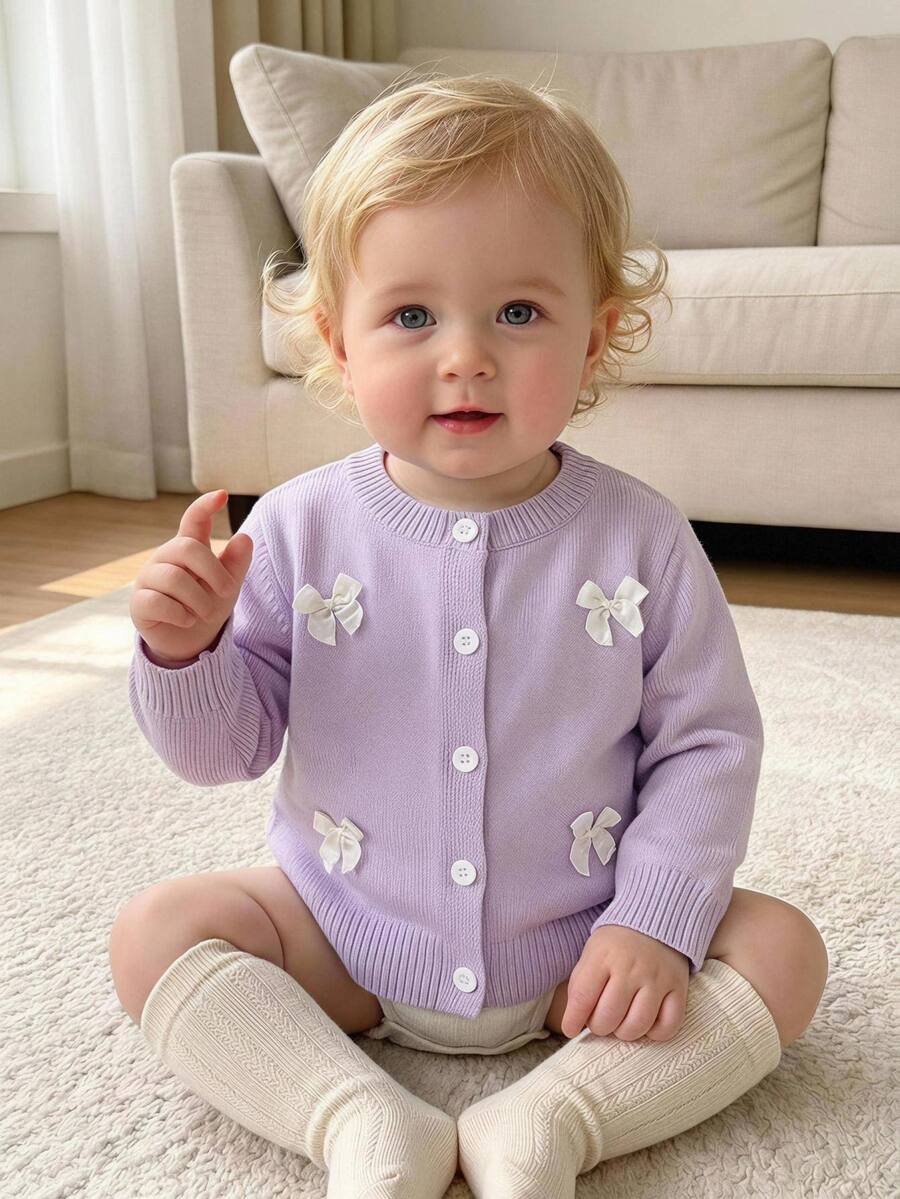 Fashion Cute Single Long Sleeve Knit Cardigan With Bows For Baby Girls - Mauve Purple - View 1