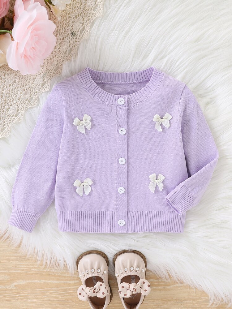 Fashion Cute Single Long Sleeve Knit Cardigan With Bows For Baby Girls - Mauve Purple - View 3