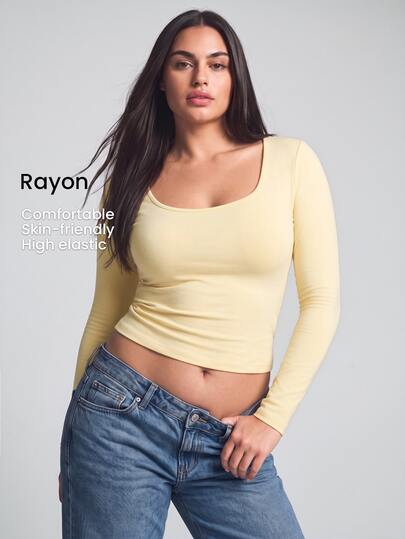 YARNWELL Plus Size Women's Solid Color Slim Fit Versatile Casual T-Shirt Fall