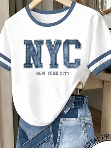 SHEIN 少女数码英文图案短袖短裤套装，休闲舒适春夏装，时尚百搭，适合户外活动、野餐、街头摄影、居家、上学、节日庆典、送礼、日常穿着。 - 彩色 - 查看 3