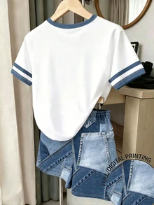 SHEIN 少女数码英文图案短袖短裤套装，休闲舒适春夏装，时尚百搭，适合户外活动、野餐、街头摄影、居家、上学、节日庆典、送礼、日常穿着。 - 彩色 - 查看 2