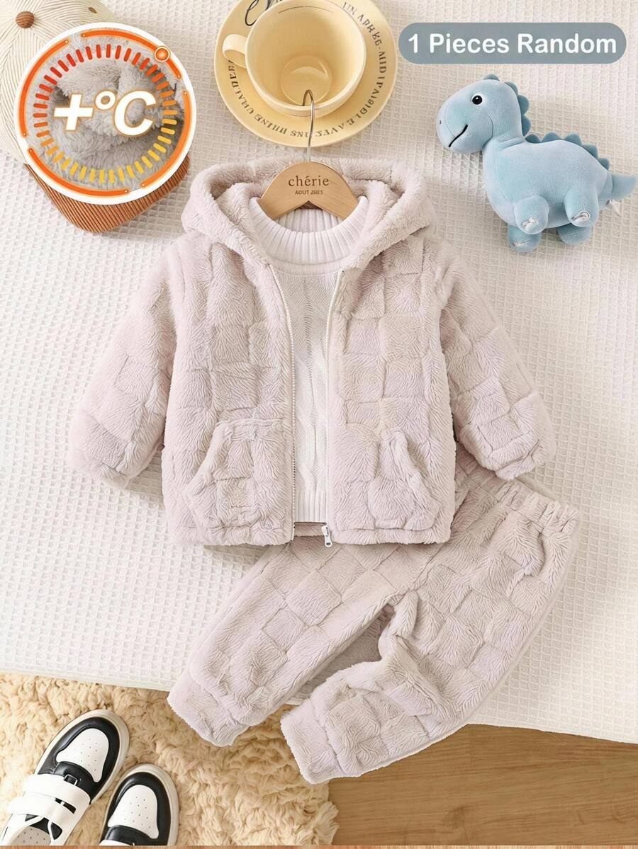 SHEIN Kids Boys' Comfortable Textured Fleece Hooded Long Sleeve Sweatshirt, Autumn/Winter - Apricot - View 1