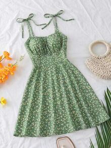 SHEIN Franclia Women's Green Floral Summer Modest Holiday Picnic Holiday Midi Dress,Shoulder Tie Strap Boho Backless Knot Ruched Bust Sleeveless Mini Short Outfit - Green - View 1