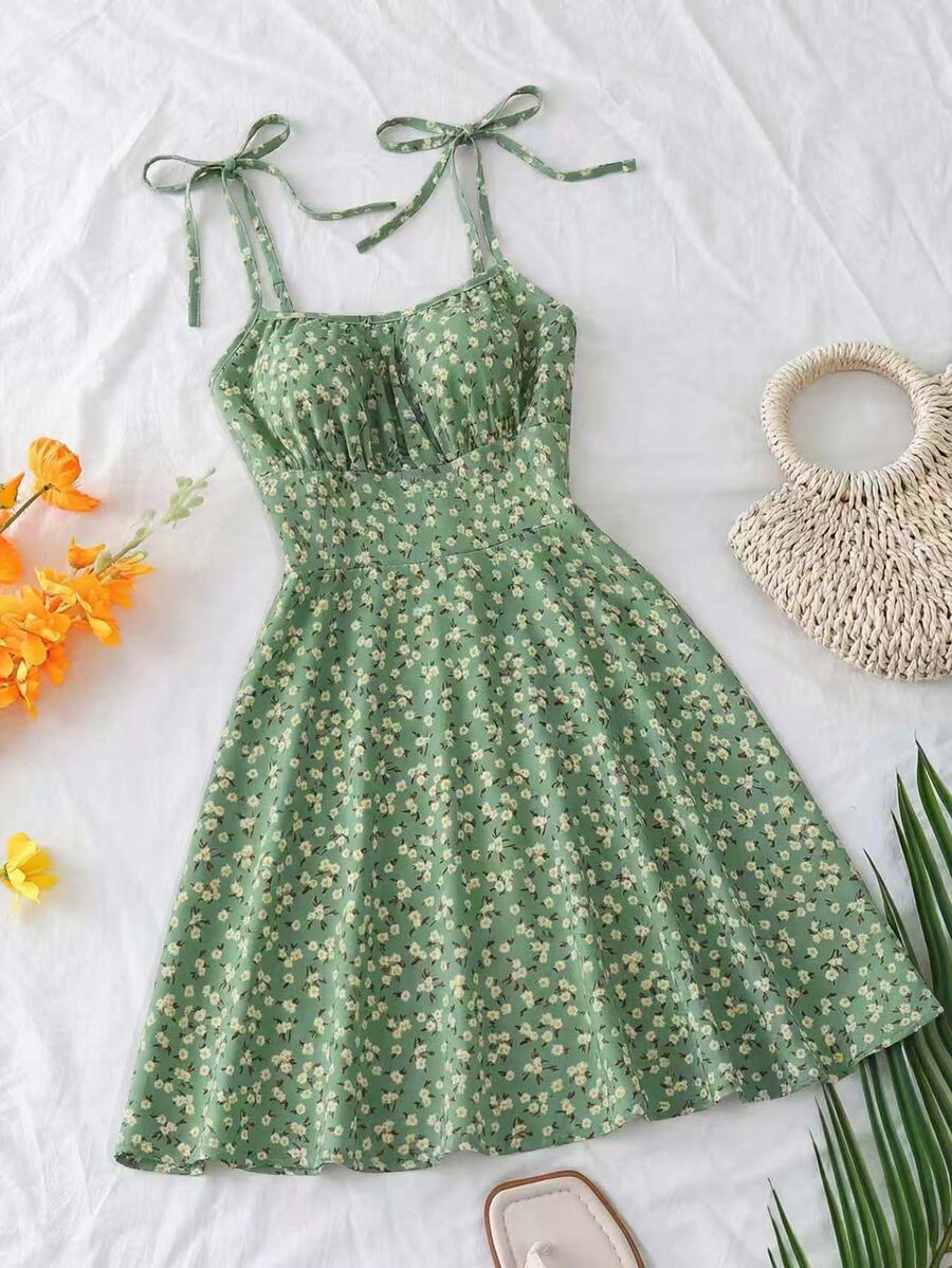 SHEIN Franclia Women's Green Floral Summer Modest Holiday Picnic Holiday Midi Dress,Shoulder Tie Strap Boho Backless Knot Ruched Bust Sleeveless Mini Short Outfit - Green - View 1