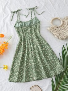 SHEIN Franclia Women's Green Floral Summer Modest Holiday Picnic Holiday Midi Dress,Shoulder Tie Strap Boho Backless Knot Ruched Bust Sleeveless Mini Short Outfit - Green - View 2