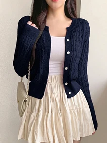 Dazy Kids Teen Girl Solid Color Casual Versatile Daily Wear Cardigan Fall - Navy Blue - View 2