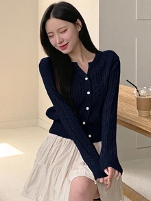 Dazy Kids Teen Girl Solid Color Casual Versatile Daily Wear Cardigan Fall - Navy Blue - View 5
