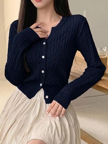 Dazy Kids Teen Girl Solid Color Casual Versatile Daily Wear Cardigan Fall - Navy Blue - View 3