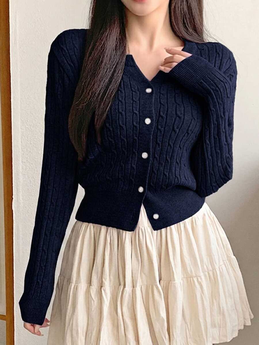 Dazy Kids Teen Girl Solid Color Casual Versatile Daily Wear Cardigan Fall - Navy Blue - View 1