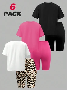 SHEIN Sparklyn Tween女孩 6件組圓領S字軟綿T恤套裝 夏季休閒街頭風 蝴蝶結 25號豹紋 多色 - 彩色 - 查看 2