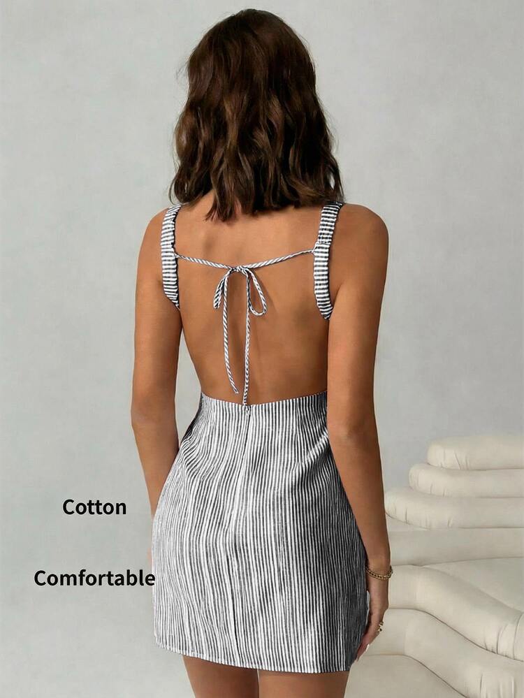 SHEIN EZwear Women's Striped Woven Tie-Up Fashion Dress, Versatile For Beach Vacation,Summer Dresses For Women - Black - View 7