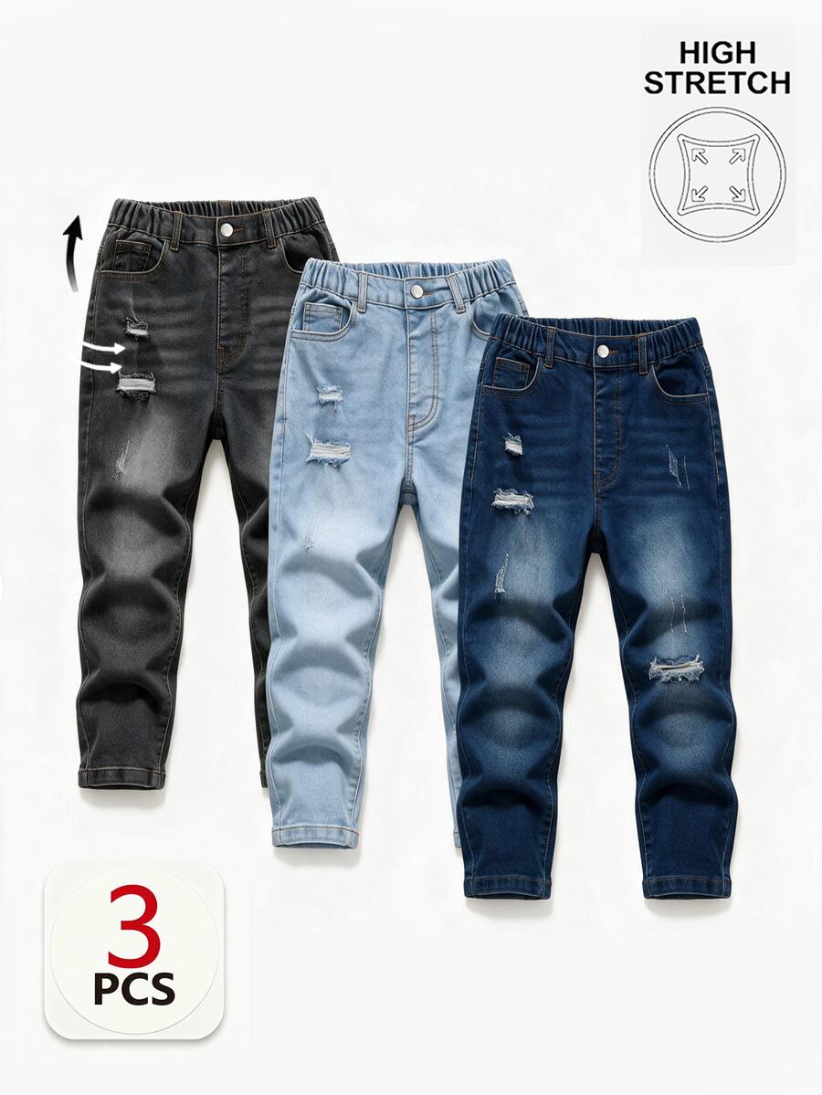 SHEIN Tween Boy Denim Jeans Summer Dark Grey Powder Blue Navy Blue 3 Pieces Set Distressed Ripped Washed Tapered Fit Holiday Vacation 2016 Aesthetic