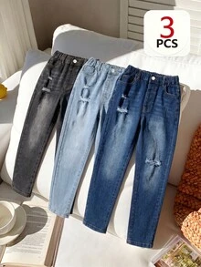 SHEIN Tween Boy Denim Jeans Summer Dark Grey Powder Blue Navy Blue 3 Pieces Set Distressed Ripped Washed Tapered Fit Holiday Vacation 2016 Aesthetic - Multicolor - View 4