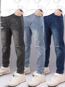 SHEIN Tween Boy Denim Jeans Summer Dark Grey Powder Blue Navy Blue 3 Pieces Set Distressed Ripped Washed Tapered Fit Holiday Vacation 2016 Aesthetic - Multicolor - View 7