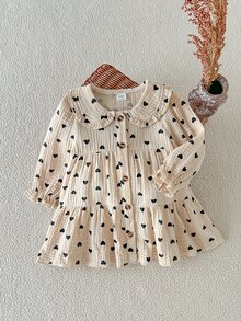 SHEIN Playful Pals فستان كوري الطراز 2 في 1 بنقشة مربعات، أميرة حلوة للرضع والأطفال الصغار في الربيع/الخريف - كاكي - مشاهدة 1