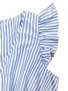 SHEIN LUNE CURVE 大尺碼女款條紋抓皺荷葉邊高腰修身顯瘦寬鬆時尚百搭新款連身褲 - 藍白色 - 查看 6