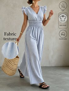 SHEIN LUNE CURVE 大尺碼女款條紋抓皺荷葉邊高腰修身顯瘦寬鬆時尚百搭新款連身褲 - 藍白色 - 查看 1