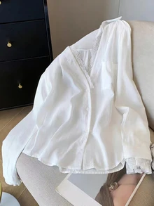 INAWLY 大码女装春夏新款休闲通勤领拼接蕾丝长袖宽松上衣，休闲度假白色袖口拼接蕾丝宽松简约百搭上衣，适合工作通勤、日常外出、居家穿着、度假叠穿 - 白色 - 查看 3