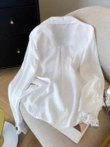 INAWLY 大码女装春夏新款休闲通勤领拼接蕾丝长袖宽松上衣，休闲度假白色袖口拼接蕾丝宽松简约百搭上衣，适合工作通勤、日常外出、居家穿着、度假叠穿 - 白色 - 查看 2