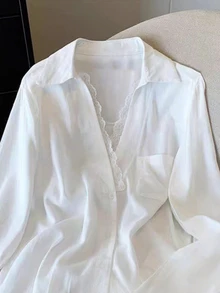 INAWLY 大码女装春夏新款休闲通勤领拼接蕾丝长袖宽松上衣，休闲度假白色袖口拼接蕾丝宽松简约百搭上衣，适合工作通勤、日常外出、居家穿着、度假叠穿 - 白色 - 查看 4