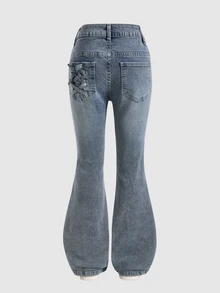 SHEIN 青少年女孩可愛甜美酷 Y2K 復古時尚藍色水洗牛仔褲，後口袋繫帶設計，獨特特殊設計喇叭褲，街頭風，時尚新款喇叭牛仔褲，適合學習、派對、音樂節 - 中等水洗藍 - 查看 8