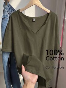 Comfortcana 大尺碼春夏服飾，大尺碼春夏做舊雪花醋酸纖維軍綠色寬鬆短袖V領T恤，棉質面料 - 軍綠色 - 查看 5