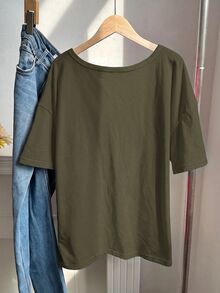 Comfortcana 大尺碼春夏服飾，大尺碼春夏做舊雪花醋酸纖維軍綠色寬鬆短袖V領T恤，棉質面料 - 軍綠色 - 查看 2