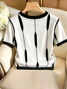 SHEIN Franclia 女款拼色圓領短袖休閒百搭T恤 - 白色 - 查看 2